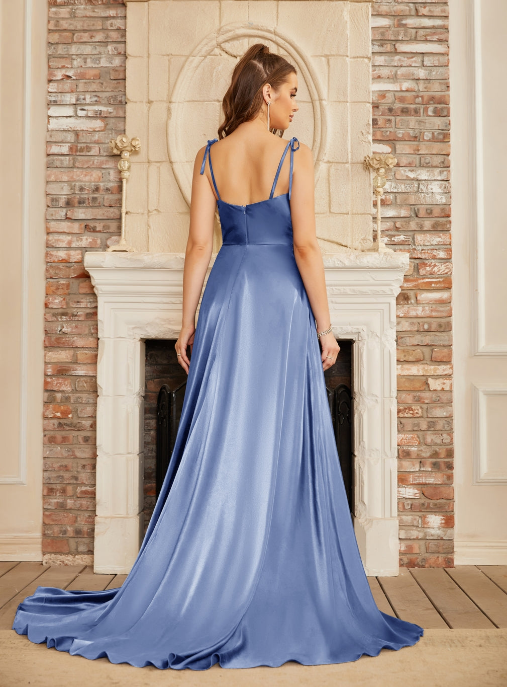 A-line Spaghetti Straps Backless Floor-Length Prom Dress with Slit-27dress