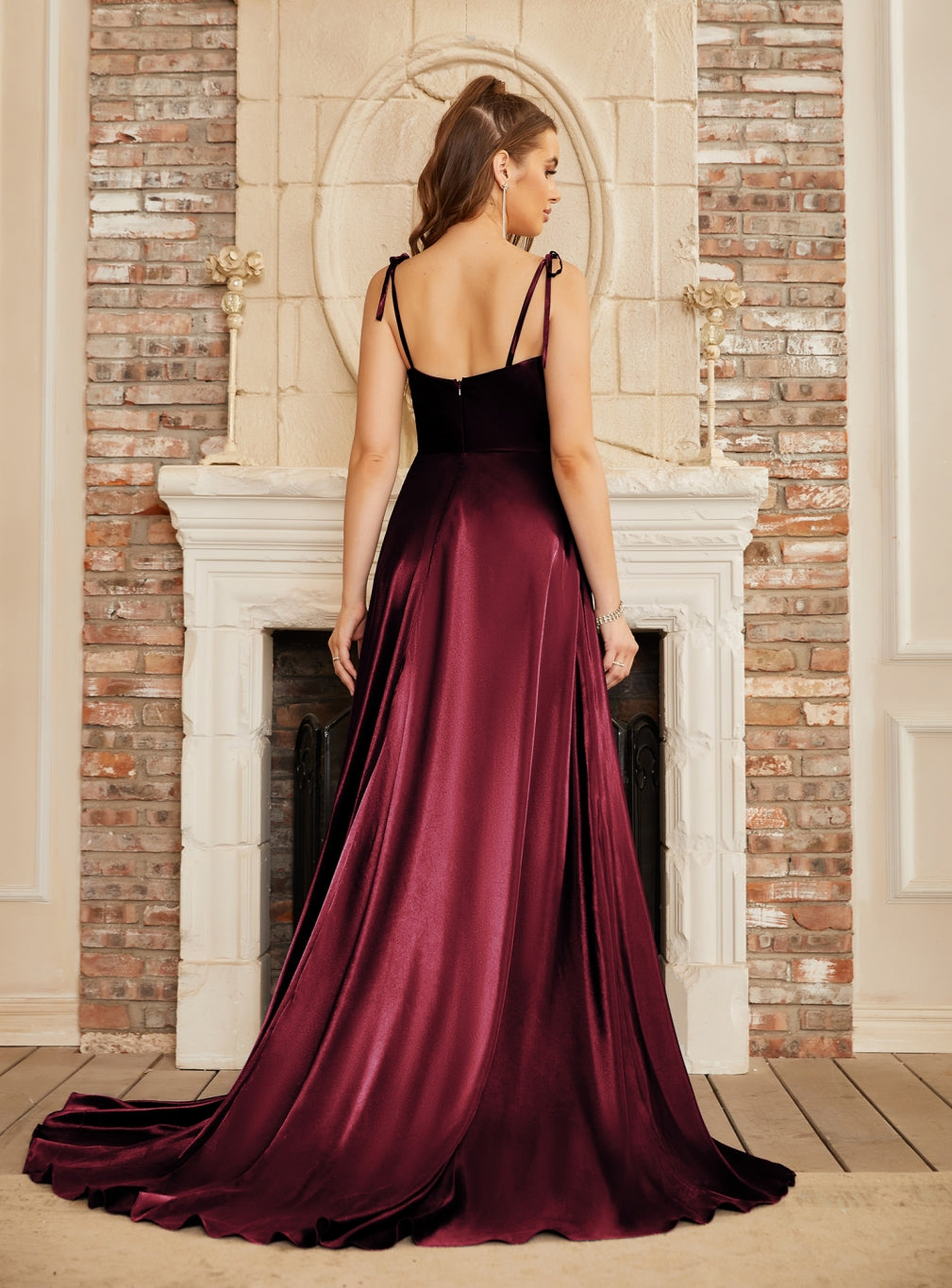 A-line Spaghetti Straps Backless Floor-Length Prom Dress with Slit-27dress