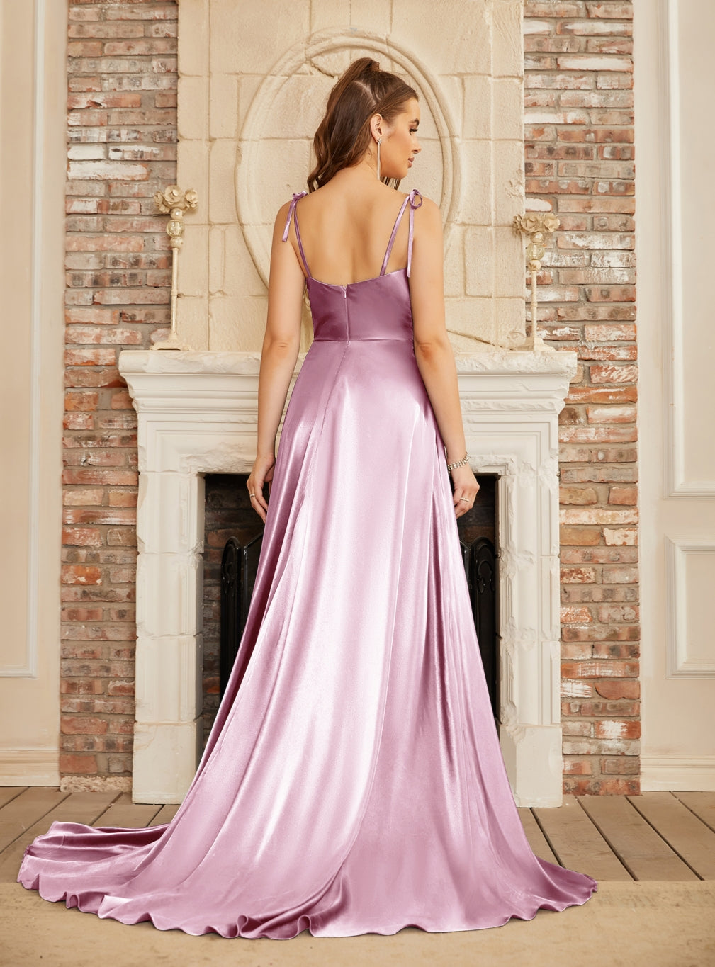 A-line Spaghetti Straps Backless Floor-Length Prom Dress with Slit-27dress