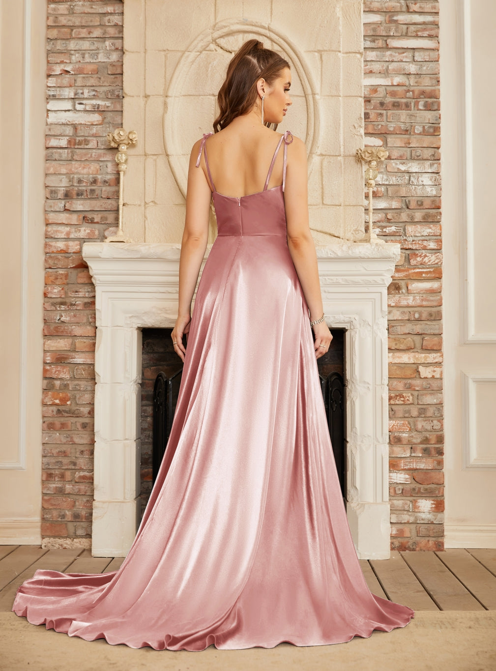 A-line Spaghetti Straps Backless Floor-Length Prom Dress with Slit-27dress