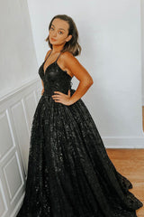 A-Line Spaghetti Straps Black Sequin Long Prom Dress