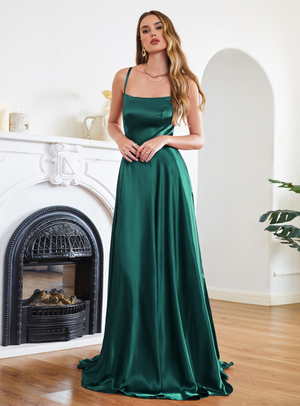 A-line Spaghetti Straps Satin Floor Length Prom Dress with Side Slit-27dress