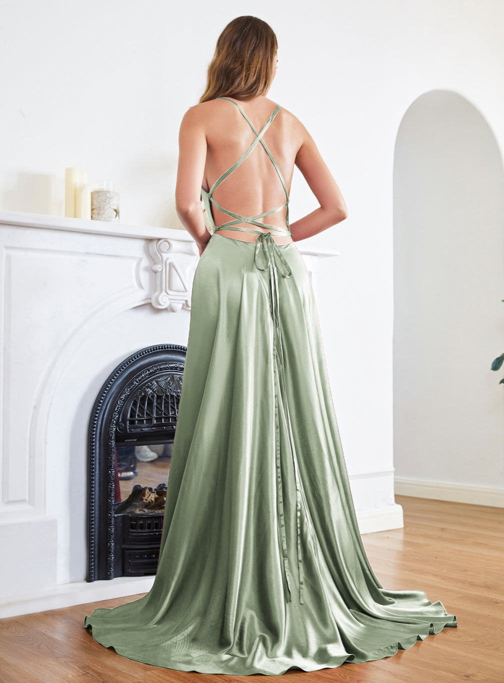 A-line Spaghetti Straps Satin Floor Length Prom Dress with Side Slit-27dress