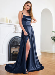 A-line Spaghetti Straps Satin Floor Length Prom Dress with Side Slit-27dress