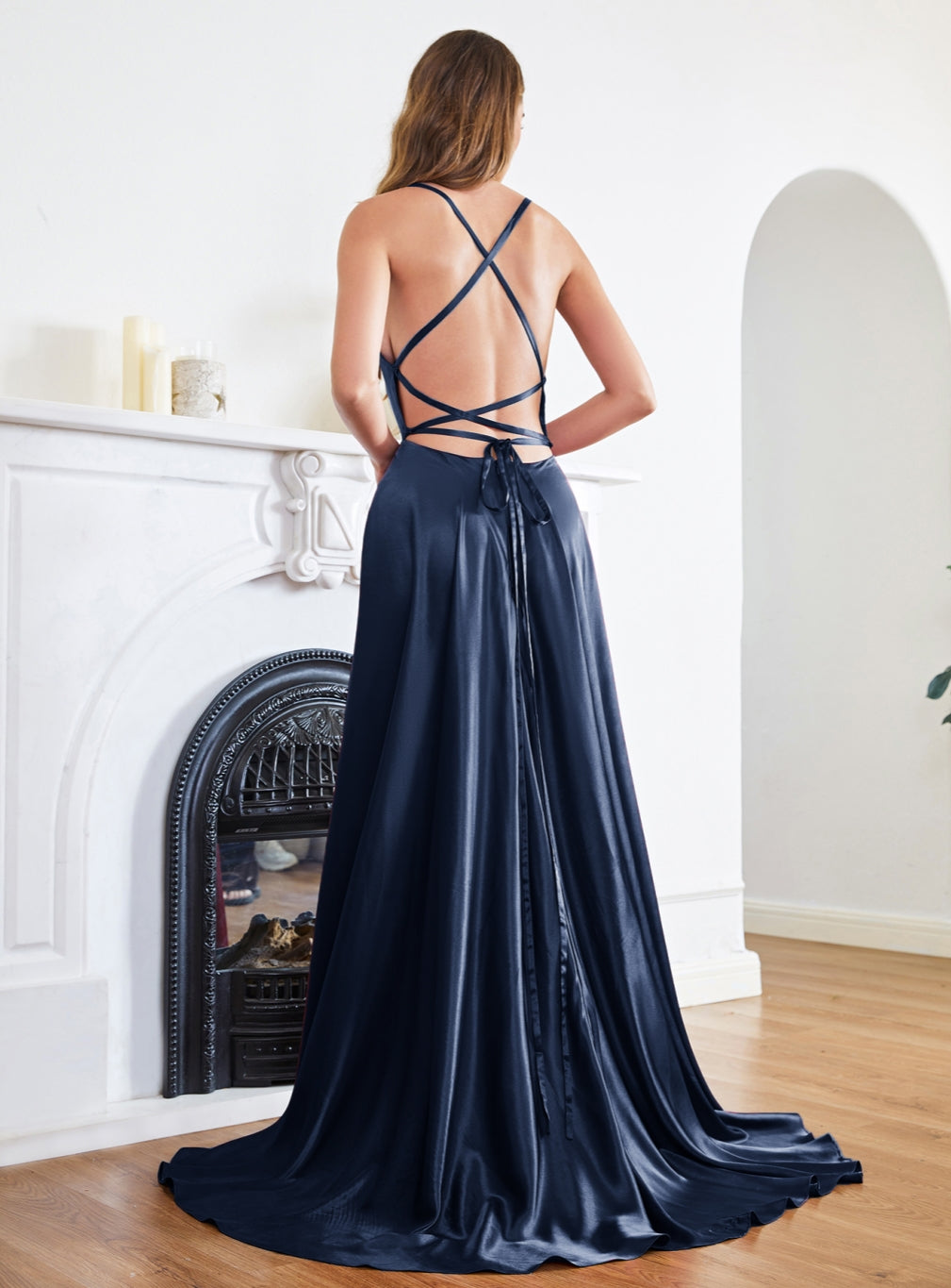 A-line Spaghetti Straps Satin Floor Length Prom Dress with Side Slit-27dress