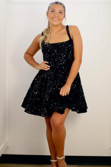 A-Line Square Neck Sequin Short Party Dress