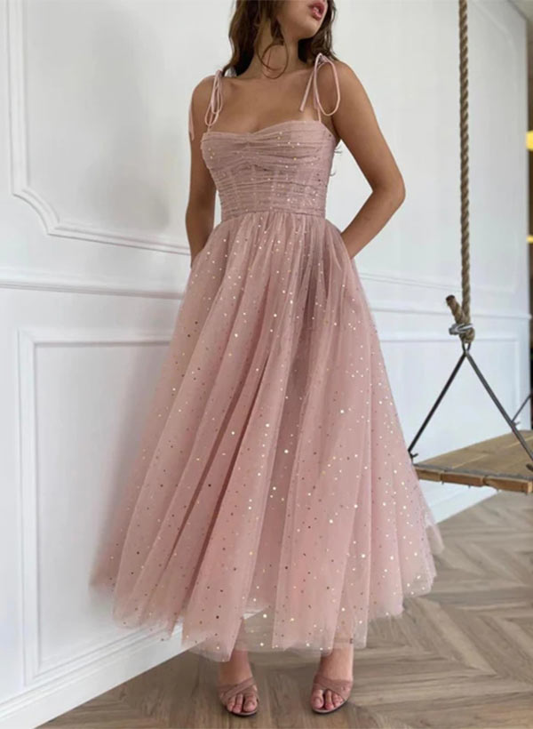 A-line Square Neck Tulle Sleeveless Prom Gown with Ruffles-27dress