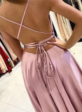 A-line Square Neckline Satin Prom Dress With Pleated Split Front and Sweep Train-27dress