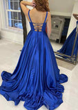 A-line Square Neckline Satin Prom Dress With Pockets and Sweep Train-27dress