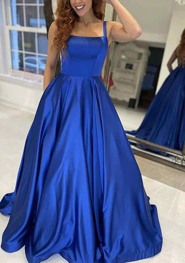 A-line Square Neckline Satin Prom Dress With Pockets and Sweep Train-27dress