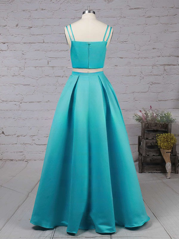 A-Line Square Neckline Satin Sweep Train Prom Dress with Pockets