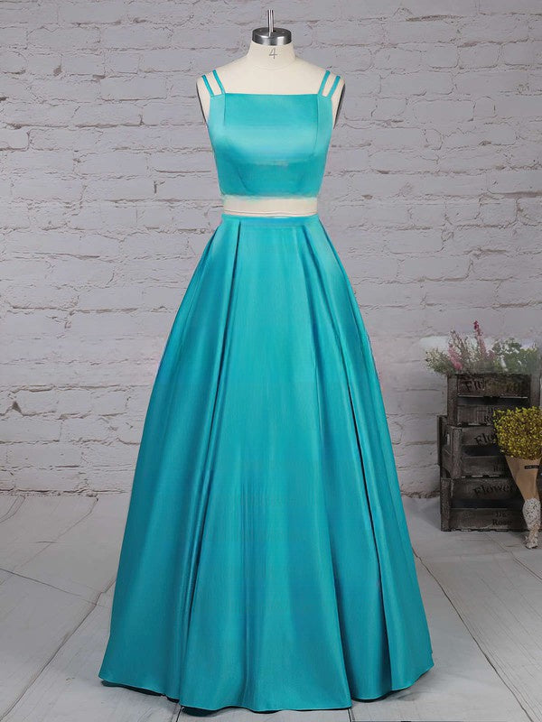 A-Line Square Neckline Satin Sweep Train Prom Dress with Pockets