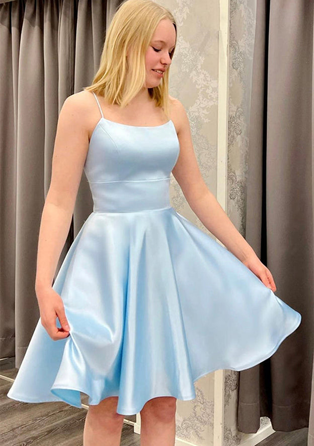 A-line Square Neckline Sleeveless Satin Short/Mini Homecoming Dress - 27Dress