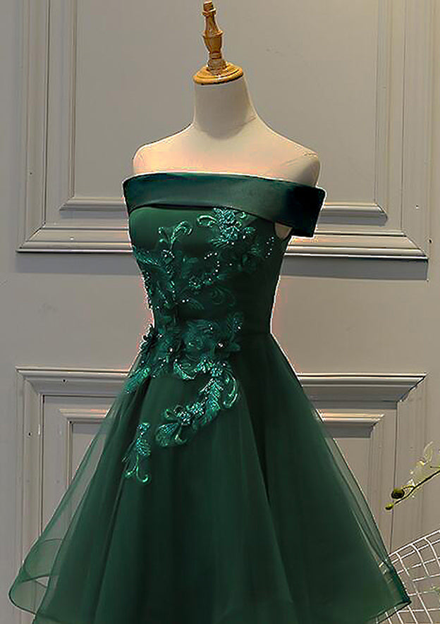 A-line Square Neckline Sleeveless Tulle Satin Short/Mini Homecoming Dress With Appliqued Beading-27dress