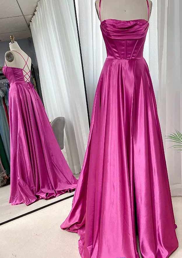 A-line Square Neckline Spaghetti Straps Sweep Train Charmeuse Prom Dress With Pleated-27dress