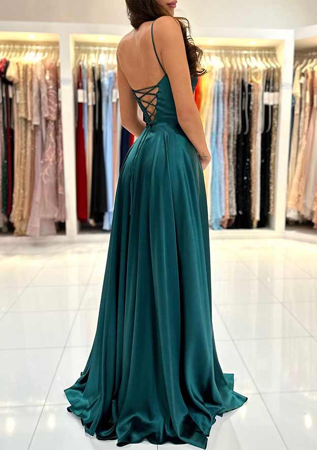 A-line Square Neckline Spaghetti Straps Sweep Train Charmeuse Prom Dress with Split-27dress