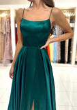 A-line Square Neckline Spaghetti Straps Sweep Train Charmeuse Prom Dress with Split-27dress