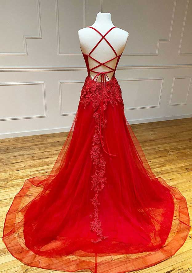 A-line Square Neckline Spaghetti Straps Tulle Prom Dress with Appliqued Beading and Court Train-27dress