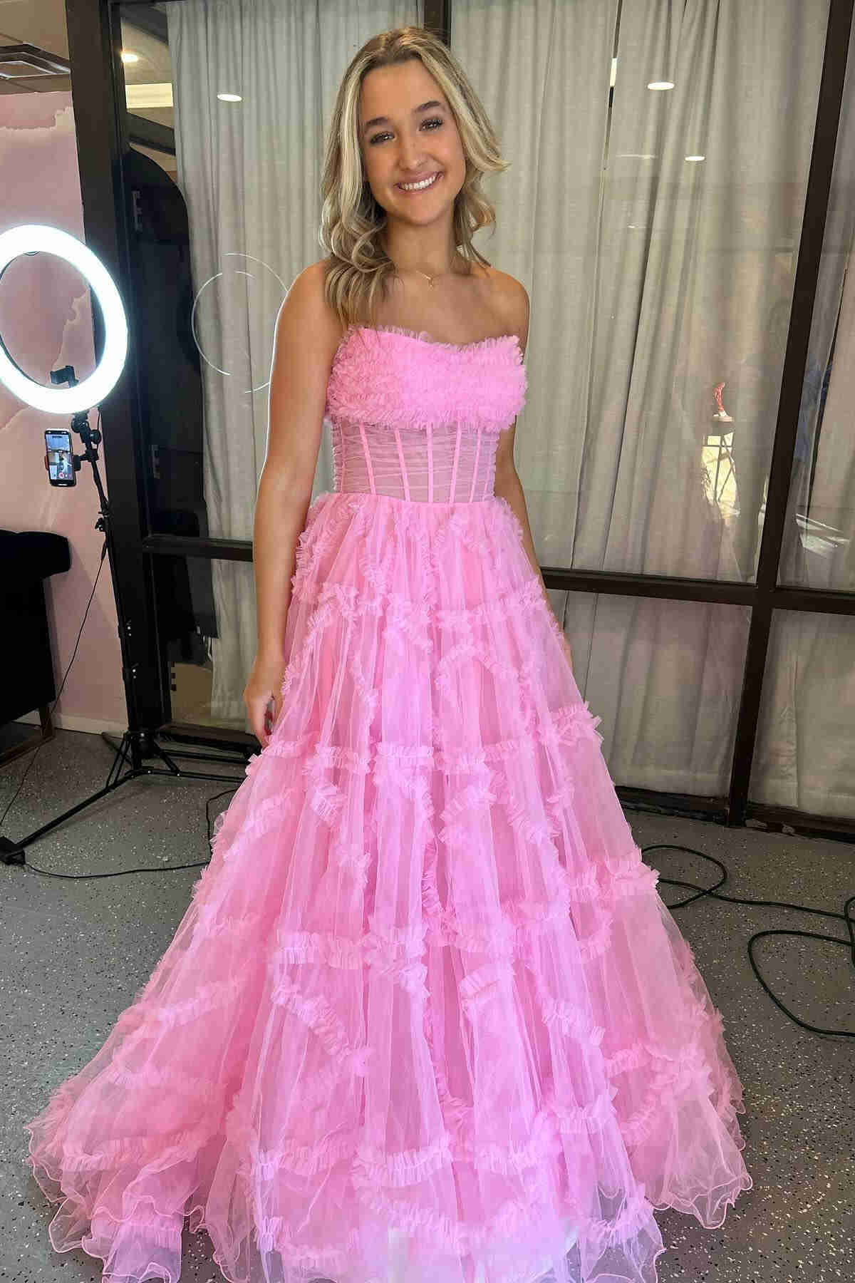 A-Line Strapless Fuchsia Corset Ruffled Long Prom Dress