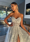 A-Line Strapless Lace Long Prom Dress With Split Front-27dress