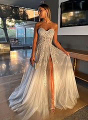 A-Line Strapless Lace Long Prom Dress With Split Front-27dress