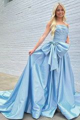 A-Line Strapless Light Blue Satin Long Prom Dress with Bow