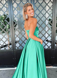 A-Line Strapless Satin Prom Dress with Split Front and Sweep Train-27dress