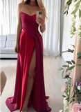 A-Line Strapless Sleeveless Satin Prom Dress with Split Front & Sweep Train-27dress