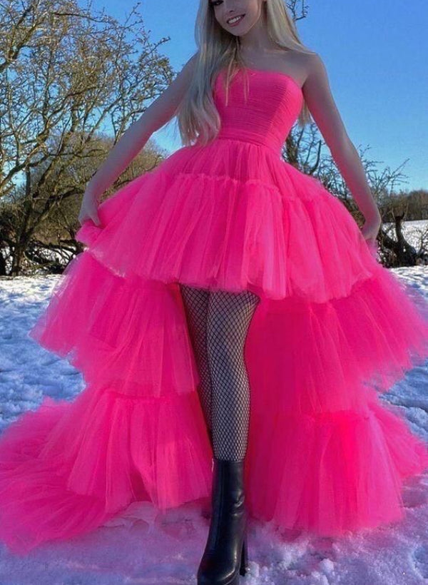 A-Line Strapless Sleeveless Tulle Prom Dress With Asymmetrical Cascading Ruffles-27dress