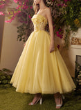 A-Line Strapless Tulle Prom Dress With Appliques Lace Pleats for Special Occasions-27dress