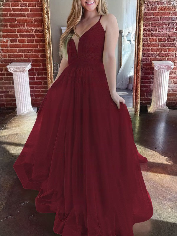 A-line Sweep Train Tulle V-neck Prom Dresses