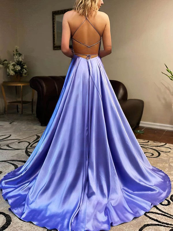 A-Line Sweep Train V-Neck Satin Split Front Prom Dress