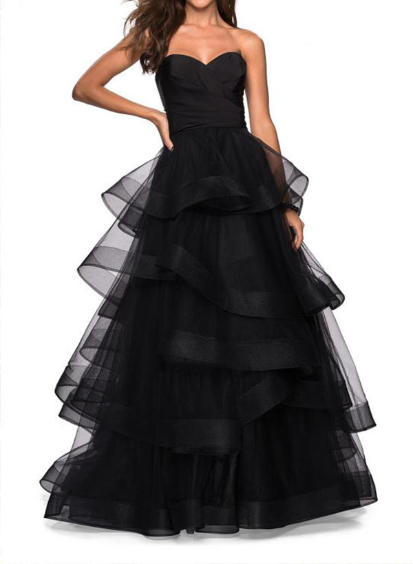 A-Line Sweetheart Floor-Length Tulle Prom Dress With Cascading Ruffles-27dress