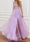 A-Line Sweetheart Floor-Length Tulle Prom Dress with Lace Split Front-27dress