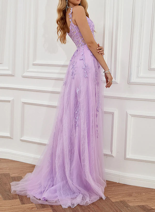 A-Line Sweetheart Floor-Length Tulle Prom Dress with Lace Split Front-27dress