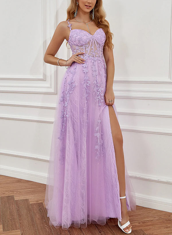 A-Line Sweetheart Floor-Length Tulle Prom Dress with Lace Split Front-27dress