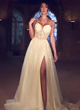 A-Line Sweetheart Lace Sleeveless Prom Dress with Sweep Train-27dress