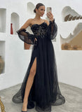 A-Line Sweetheart Long Sleeves Prom Dress with Appliques Lace and Sweep Train Tulle-27dress