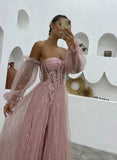 A-Line Sweetheart Long Sleeves Prom Dress with Appliques Lace and Sweep Train Tulle-27dress