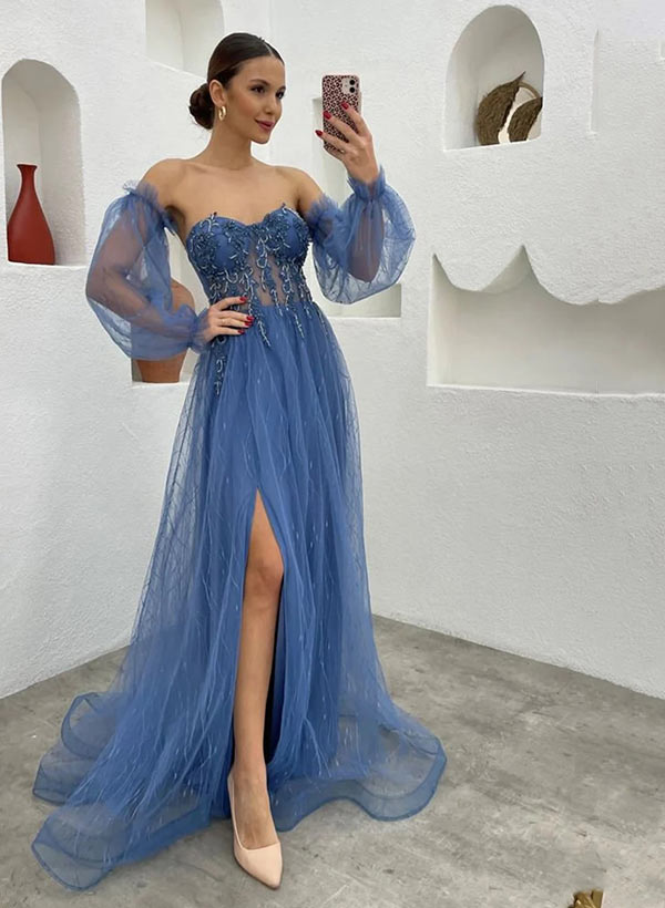 A-Line Sweetheart Long Sleeves Prom Dress with Appliques Lace and Sweep Train Tulle-27dress