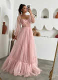 A-Line Sweetheart Long Sleeves Prom Dress with Sweep Train Tulle-27dress