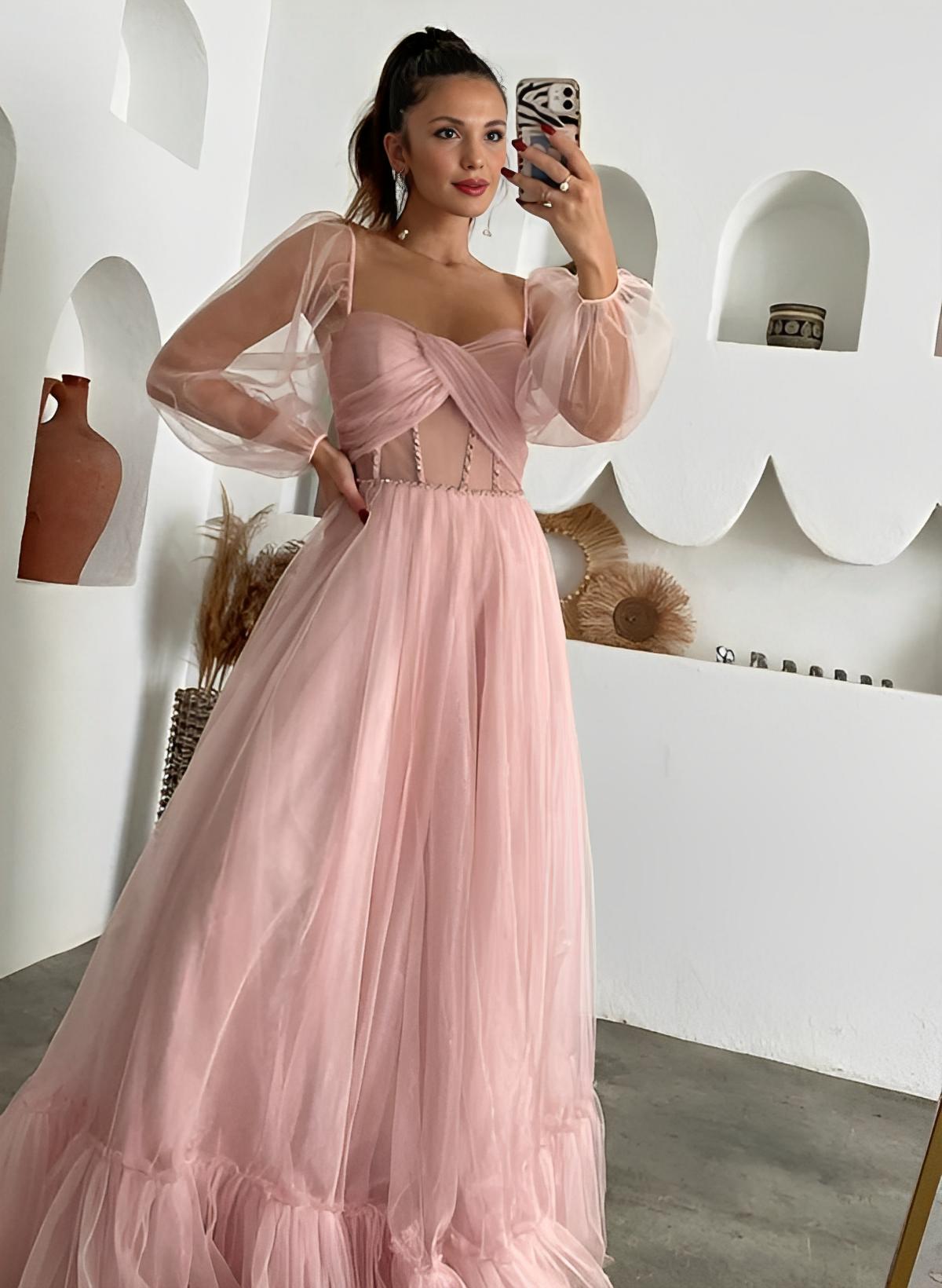 A-Line Sweetheart Long Sleeves Prom Dress with Sweep Train Tulle-27dress