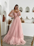 A-Line Sweetheart Long Sleeves Prom Dress with Sweep Train Tulle-27dress