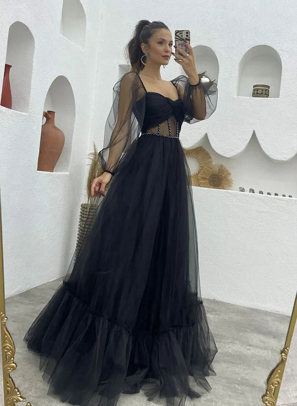 A-Line Sweetheart Long Sleeves Prom Dresses with Sweep Train Tulle-27dress