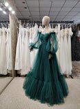 A-Line Sweetheart Long Sleeves Tulle Floor-Length Prom Dress With Pleated-27dress