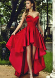 Simple Red A-Line Sweetheart Sleeveless Satin High Low Prom Dresses