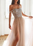 A-line Sweetheart Sequins Prom Dress With Split Front and Sleeveless Sweep Train-27dress