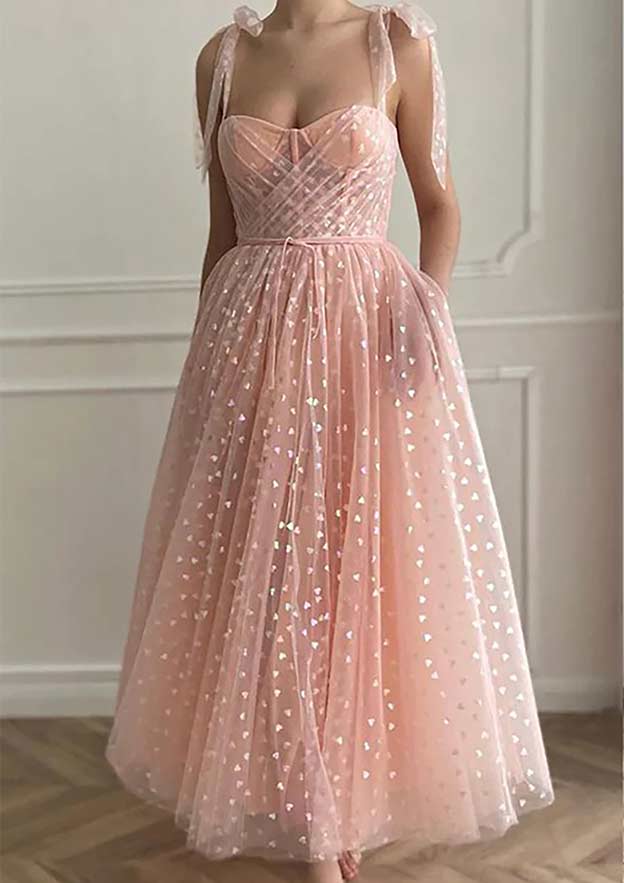 A-line Sweetheart Sleeveless Ankle-Length Tulle Homecoming Dress with Pleated Sequins-27dress