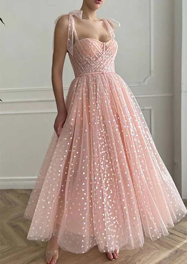 A-line Sweetheart Sleeveless Ankle-Length Tulle Homecoming Dress with Pleated Sequins-27dress