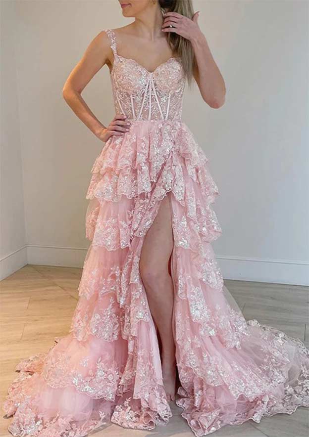 A-Line Sweetheart Sleeveless Long Tulle Prom Dress with Ruffles Sequins and Splits-27dress